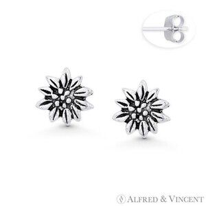 Water Lily Flower Charm Stud Earrings in Oxidized .925 Sterling Silver